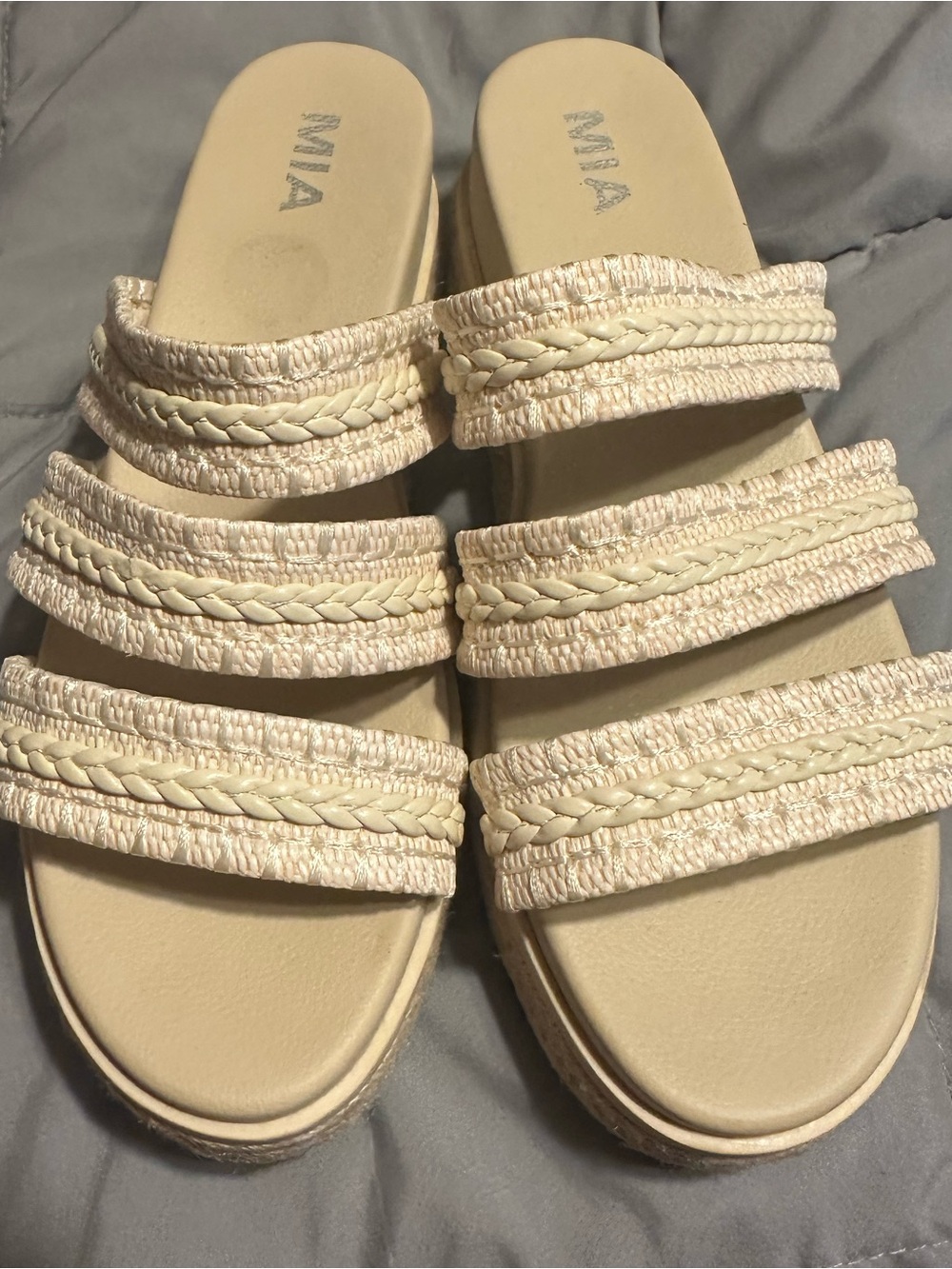 MIA Women's Cream Braided Triple-Strap Slide Sandals